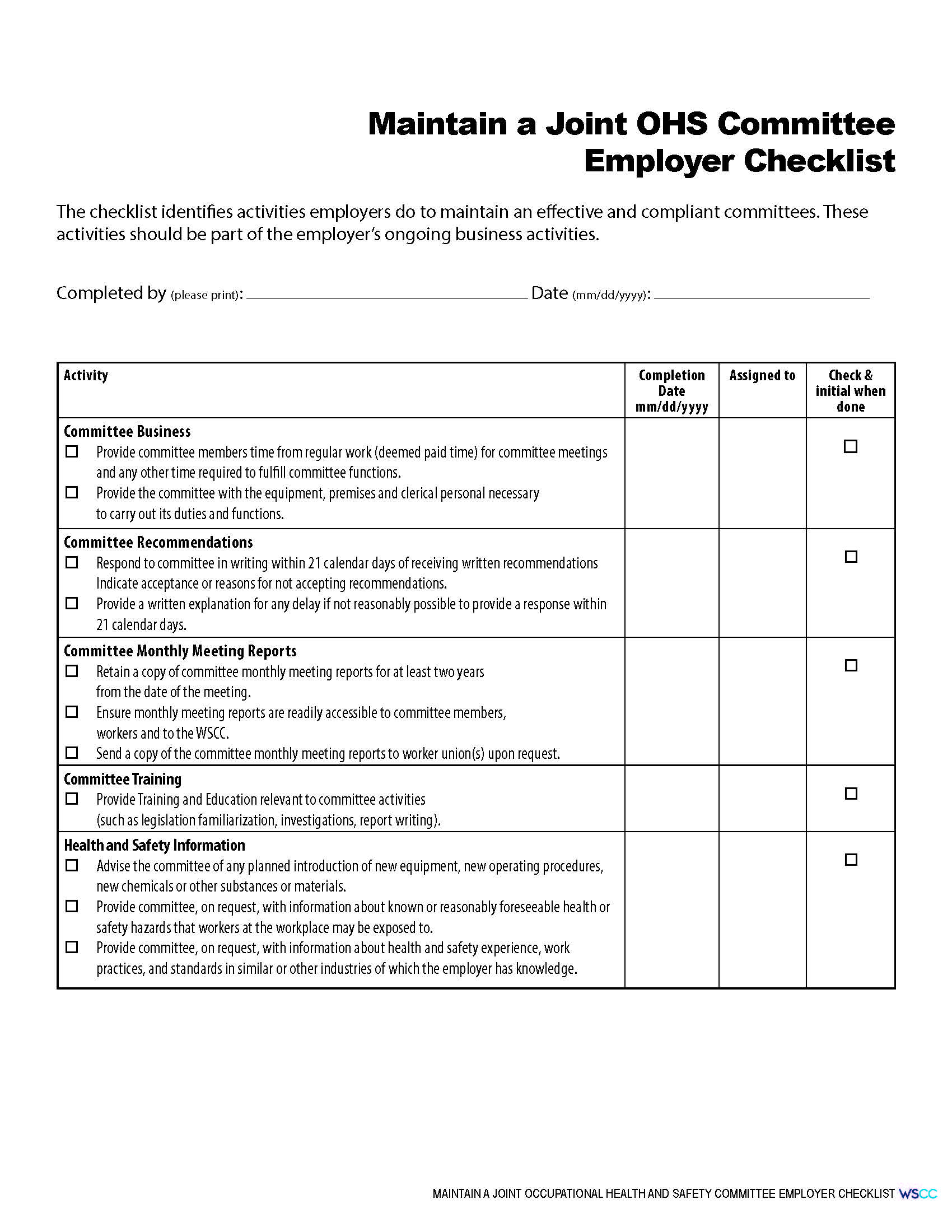 Maintain a Joint OHS Committee Employer Checklist WSCC Workers